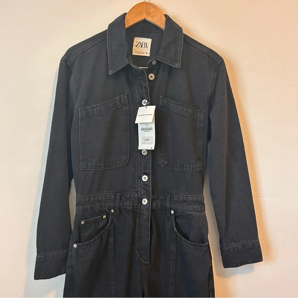 New! Zara Medium Women’s The Dorian Black Denim Jumpsuit - Picture 6 of 16